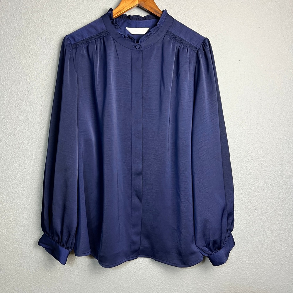 Lauren Conrad Navy Blue Ruffled Neck Victorian Church Button Front Blouse Sz 2X